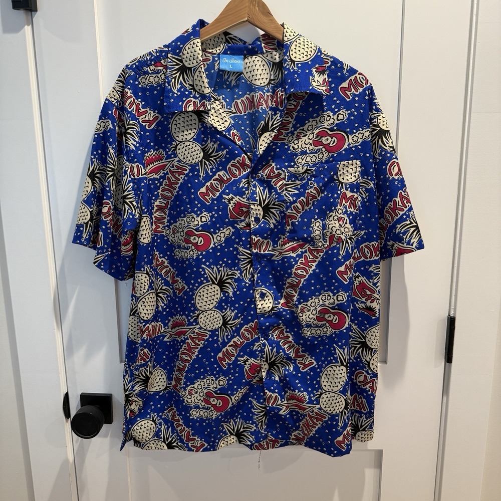 On Shore Hawaiian Style Shirt Ukulele Pineapple Kauai Molokai Size Large